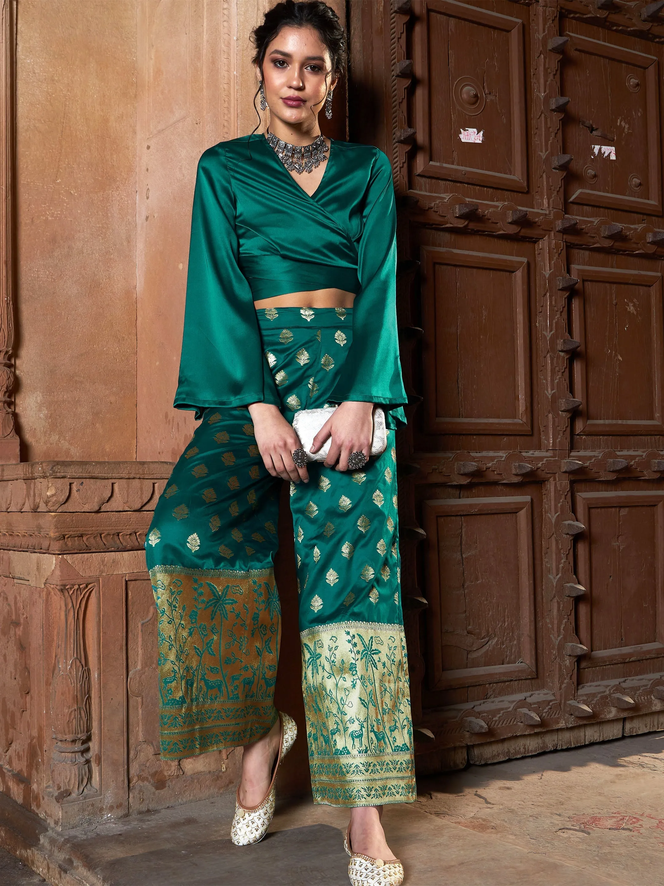 Women Teal Brocade Jacquard Palazzos