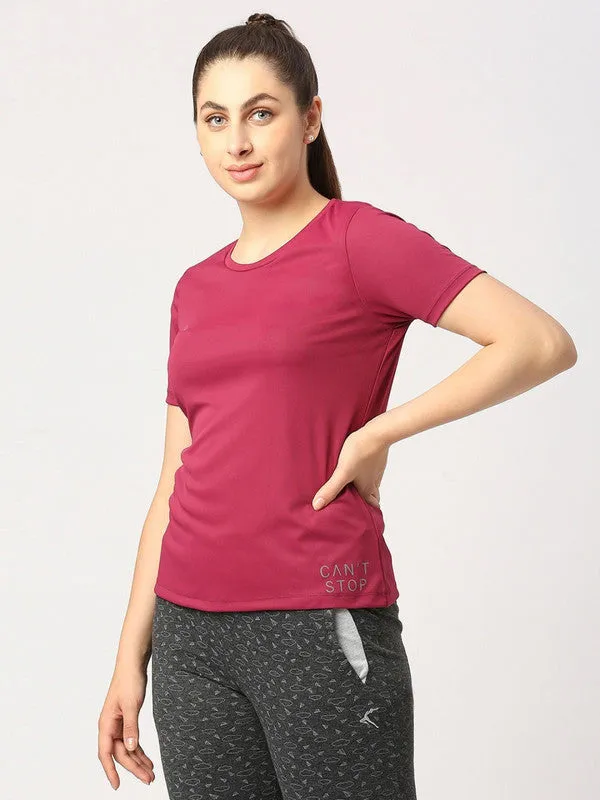 Women Wine Solid Regular Fit Sports T-Shirt - Ventura Tee-GP