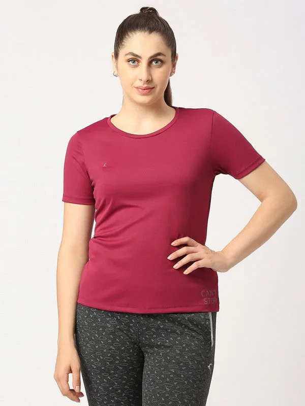 Women Wine Solid Regular Fit Sports T-Shirt - Ventura Tee-GP