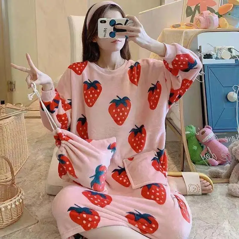 Women's Autumn Winter Flannel Pajamas Dresses Coral Velvet Nightdress Cute Thick Cartoon Homewear Loose Comfortable Out Wear Nightdress