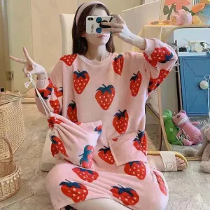 Women's Autumn Winter Flannel Pajamas Dresses Coral Velvet Nightdress Cute Thick Cartoon Homewear Loose Comfortable Out Wear Nightdress