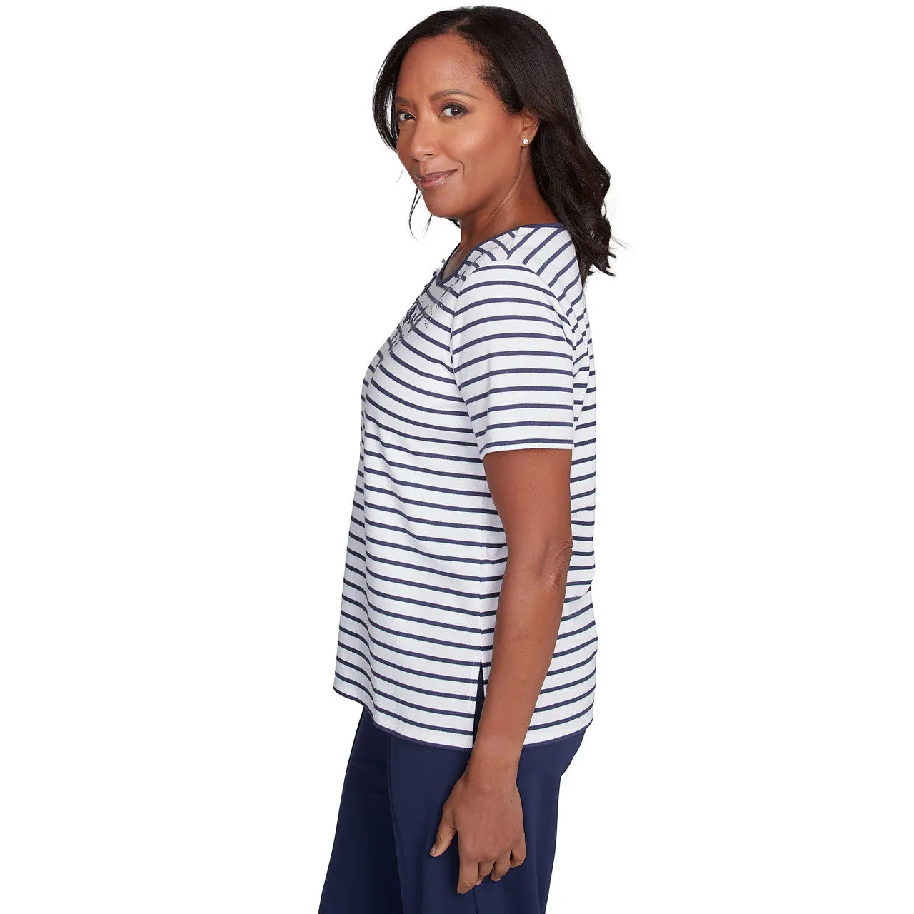 Women's Beaded Floral Striped Tee - 89453