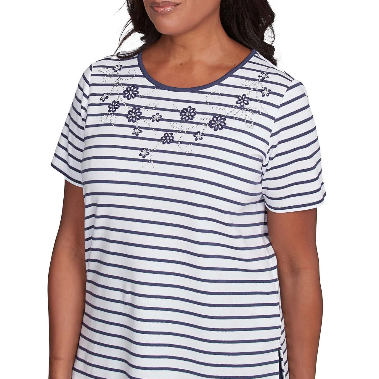 Women's Beaded Floral Striped Tee - 89453