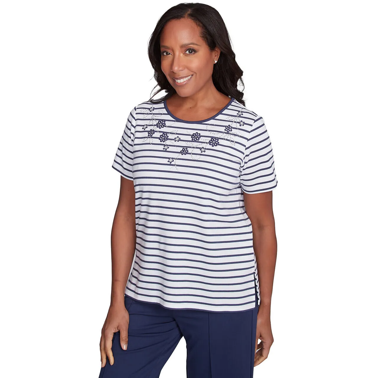 Women's Beaded Floral Striped Tee - 89453