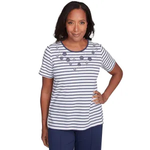 Women's Beaded Floral Striped Tee - 89453