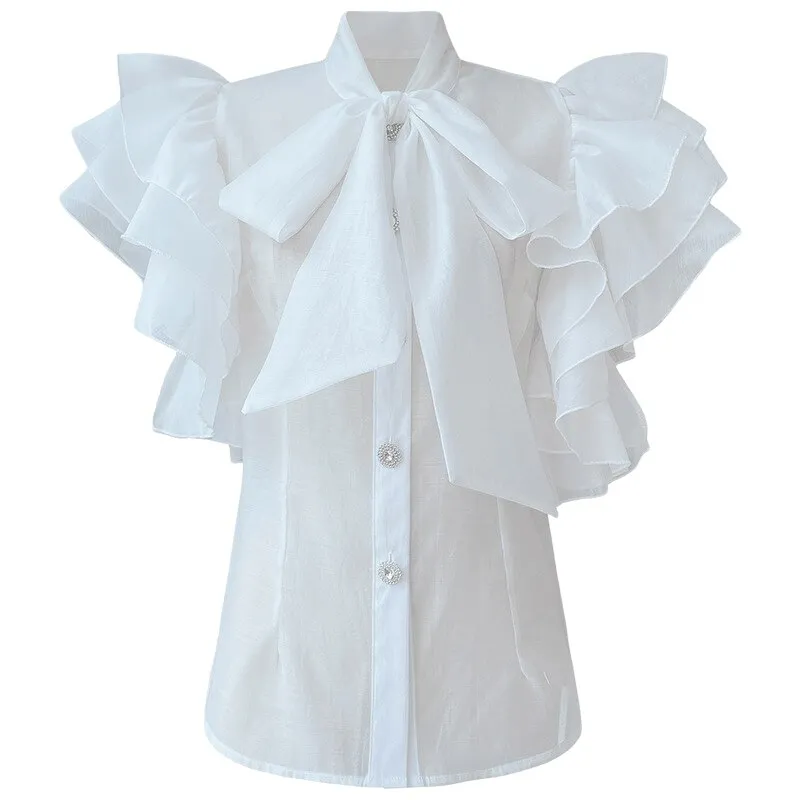 Women's Blouse Fashion New 2023 Ruffles Short Sleeve Elegant Feminine Shirts Spring Summer Soid  Color Fitting Ladies Tops