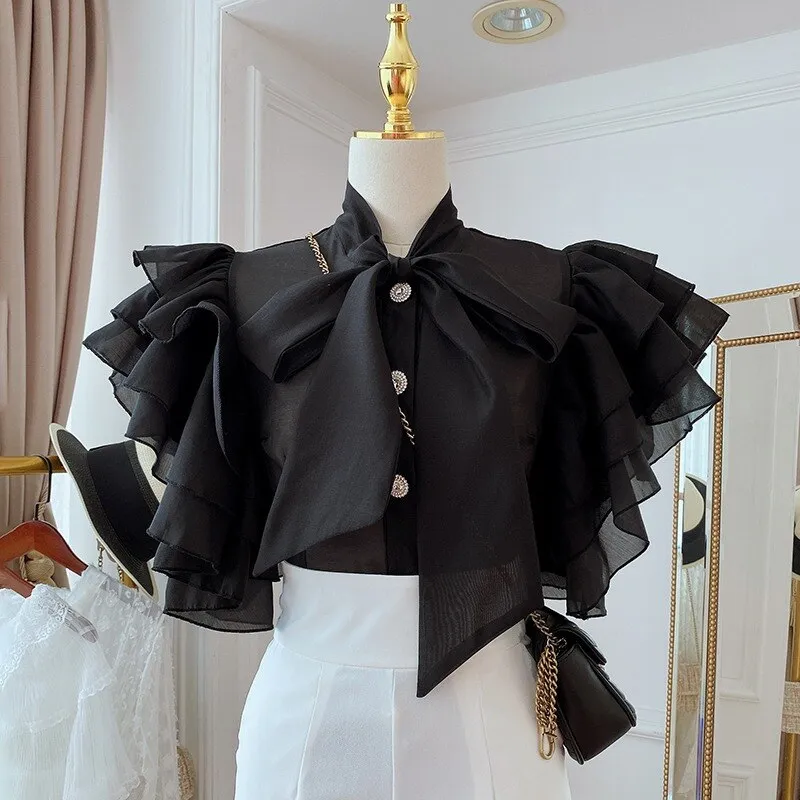 Women's Blouse Fashion New 2023 Ruffles Short Sleeve Elegant Feminine Shirts Spring Summer Soid  Color Fitting Ladies Tops
