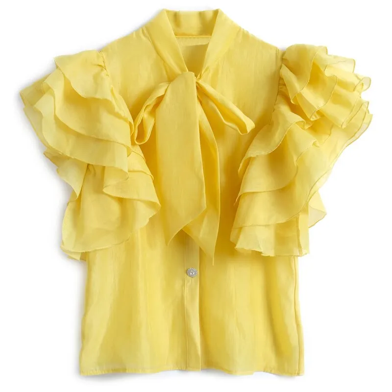 Women's Blouse Fashion New 2023 Ruffles Short Sleeve Elegant Feminine Shirts Spring Summer Soid  Color Fitting Ladies Tops