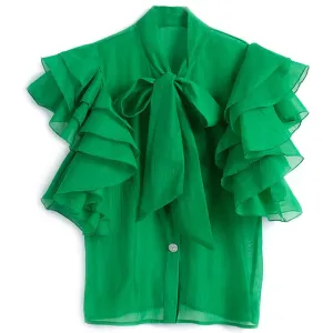 Women's Blouse Fashion New 2023 Ruffles Short Sleeve Elegant Feminine Shirts Spring Summer Soid  Color Fitting Ladies Tops