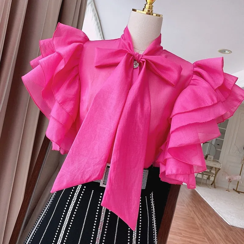 Women's Blouse Fashion New 2023 Ruffles Short Sleeve Elegant Feminine Shirts Spring Summer Soid  Color Fitting Ladies Tops