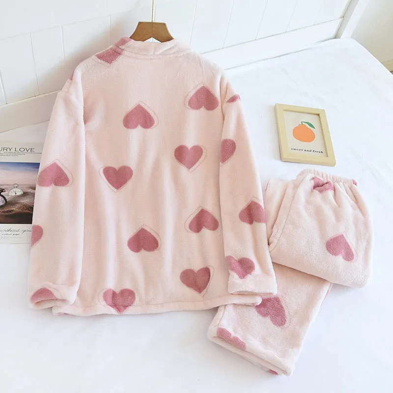 Women's Pajamas Set Warm Flannel Cute Heart Print Sleepwear Casual Homewear V Neck Nightwear Femme New for Winter