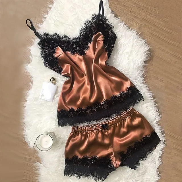Women's Sleepwear Sexy Satin Pajama Set Black Lace V-Neck Pyjamas Sleeveless Cute Cami Top and Shorts Sexy Lingerie Homewear #W