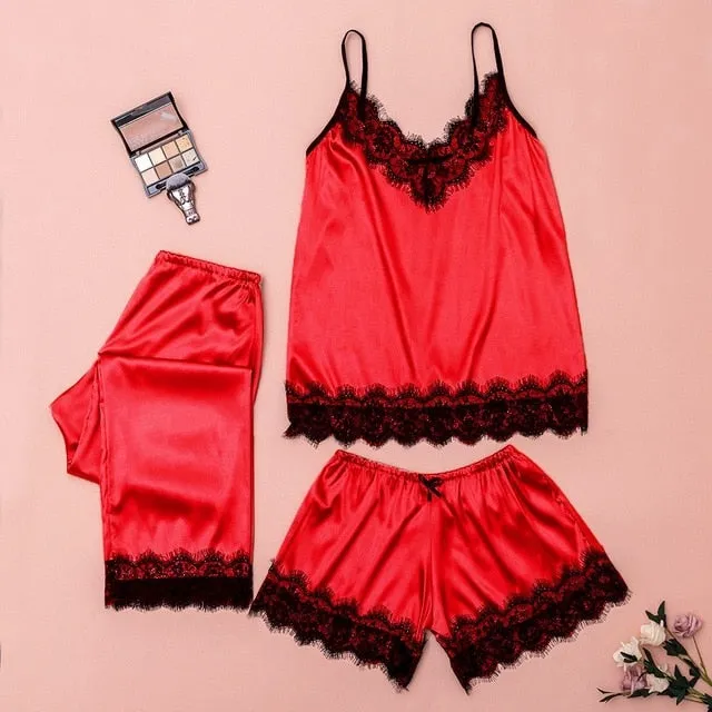 Women's Sleepwear Sexy Satin Pajama Set Black Lace V-Neck Pyjamas Sleeveless Cute Cami Top and Shorts Sexy Lingerie Homewear #W