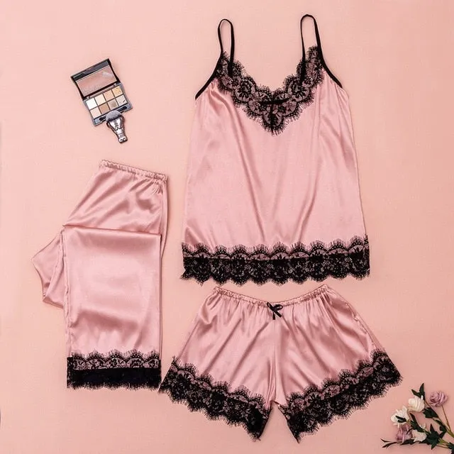 Women's Sleepwear Sexy Satin Pajama Set Black Lace V-Neck Pyjamas Sleeveless Cute Cami Top and Shorts Sexy Lingerie Homewear #W