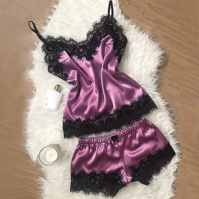 Women's Sleepwear Sexy Satin Pajama Set Black Lace V-Neck Pyjamas Sleeveless Cute Cami Top and Shorts Sexy Lingerie Homewear #W