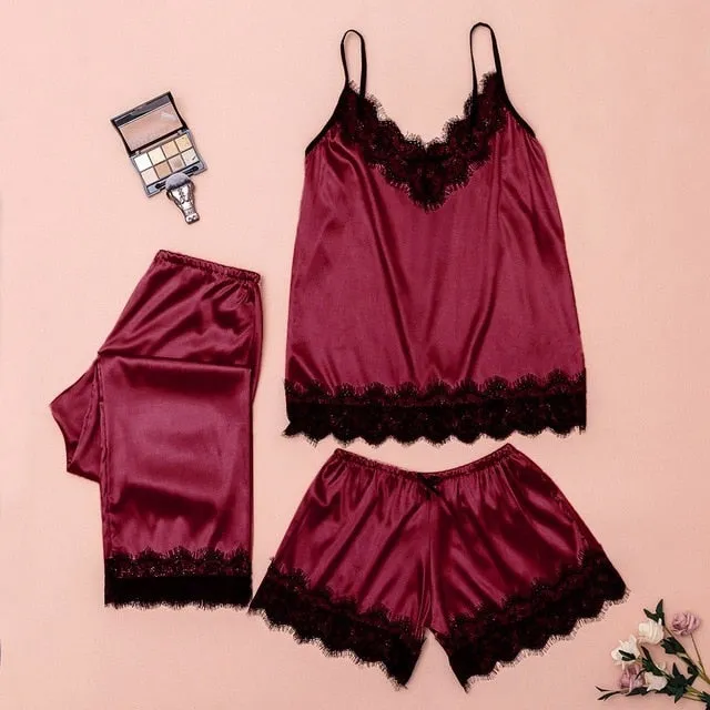 Women's Sleepwear Sexy Satin Pajama Set Black Lace V-Neck Pyjamas Sleeveless Cute Cami Top and Shorts Sexy Lingerie Homewear #W