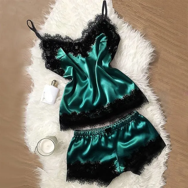 Women's Sleepwear Sexy Satin Pajama Set Black Lace V-Neck Pyjamas Sleeveless Cute Cami Top and Shorts Sexy Lingerie Homewear #W
