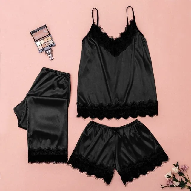 Women's Sleepwear Sexy Satin Pajama Set Black Lace V-Neck Pyjamas Sleeveless Cute Cami Top and Shorts Sexy Lingerie Homewear #W