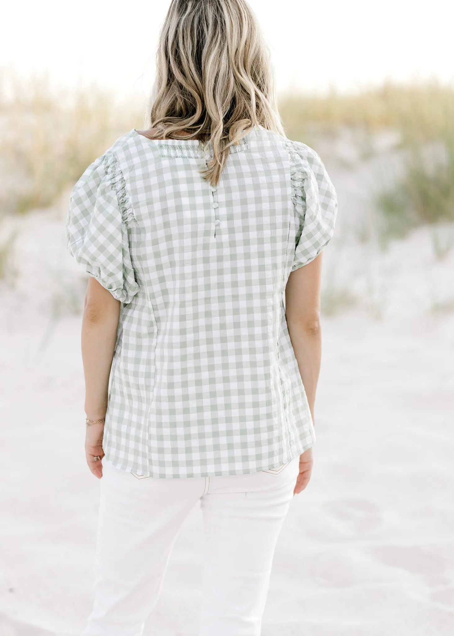 X So Sage Plaid Smocked Top