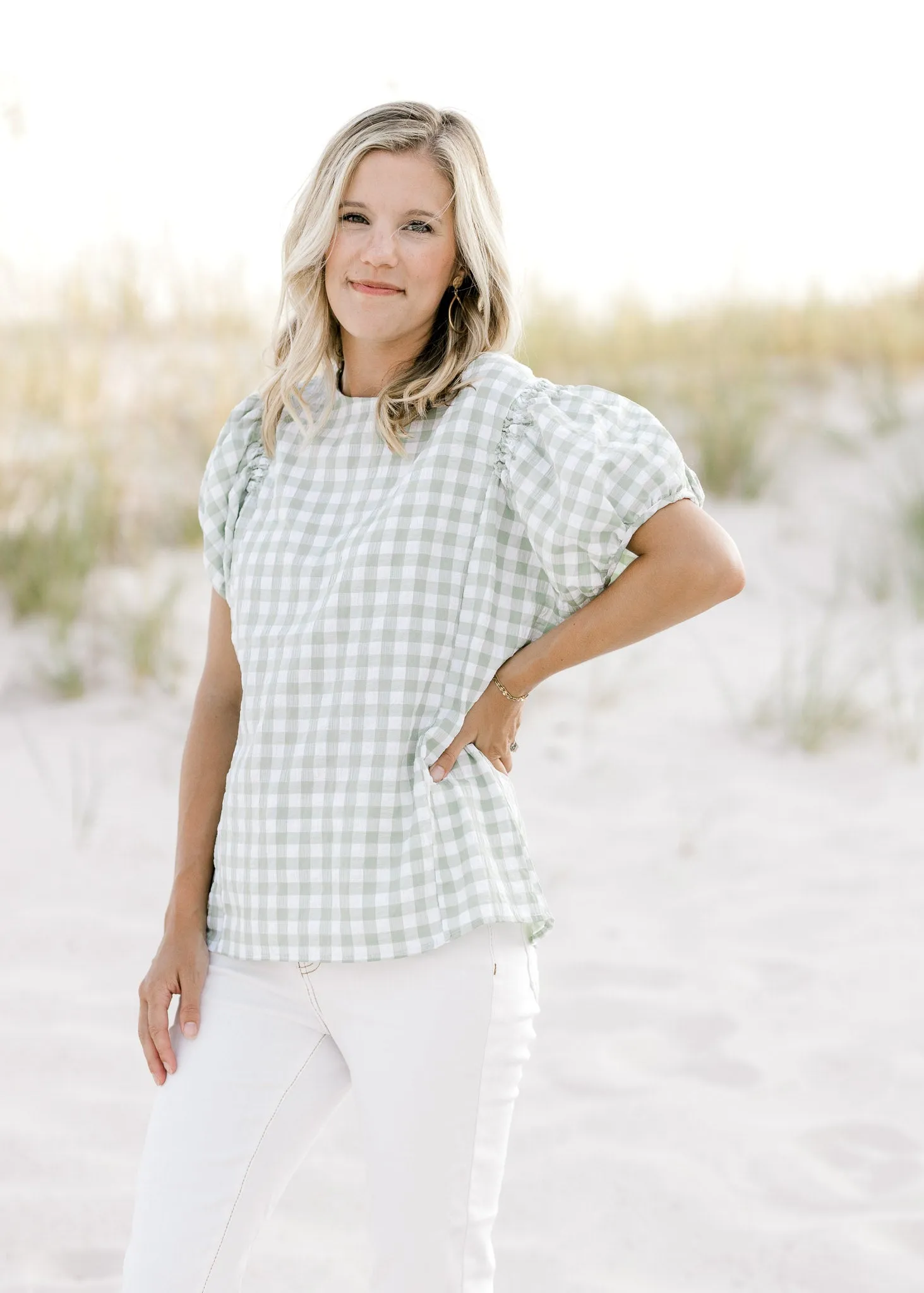 X So Sage Plaid Smocked Top