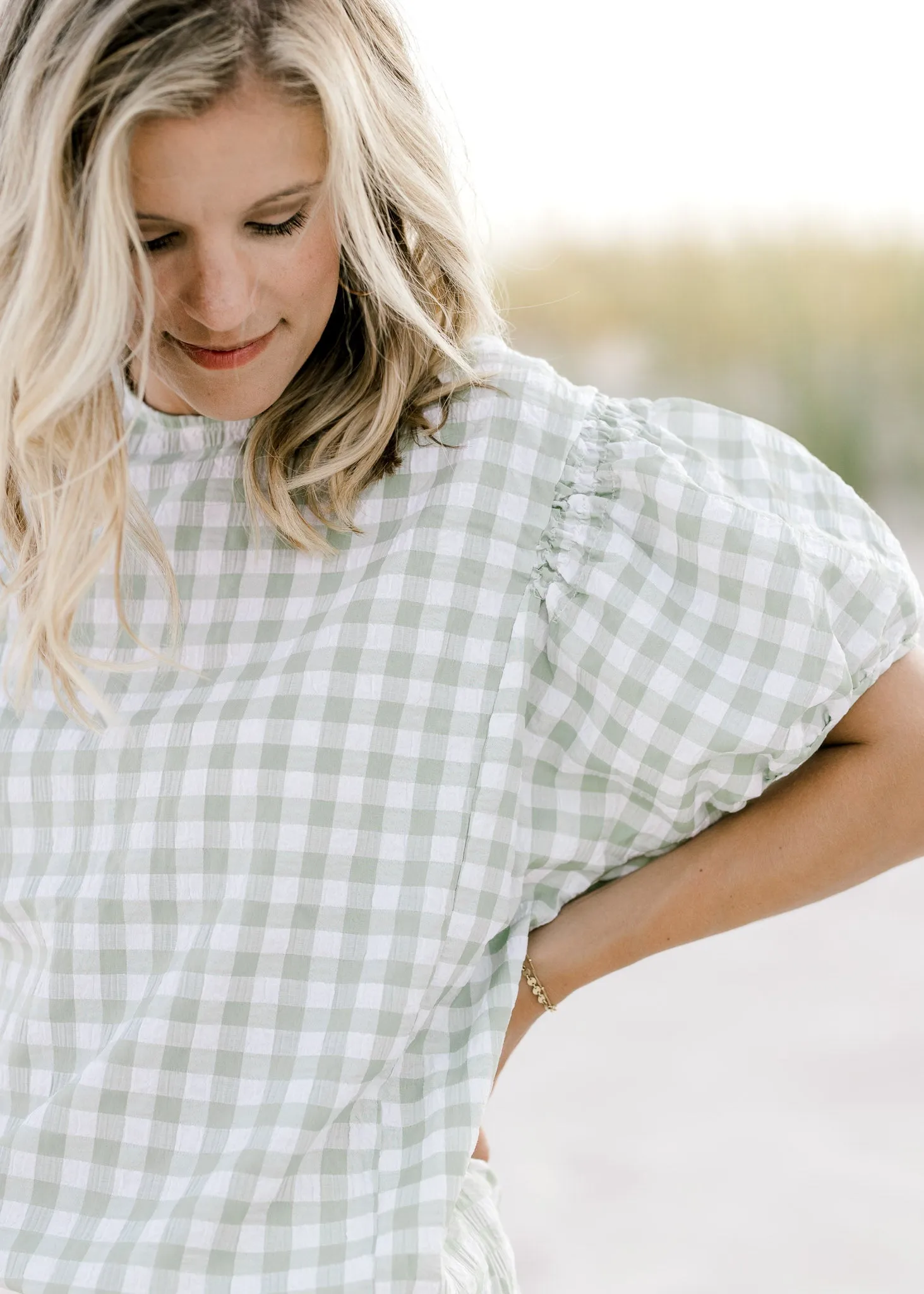 X So Sage Plaid Smocked Top