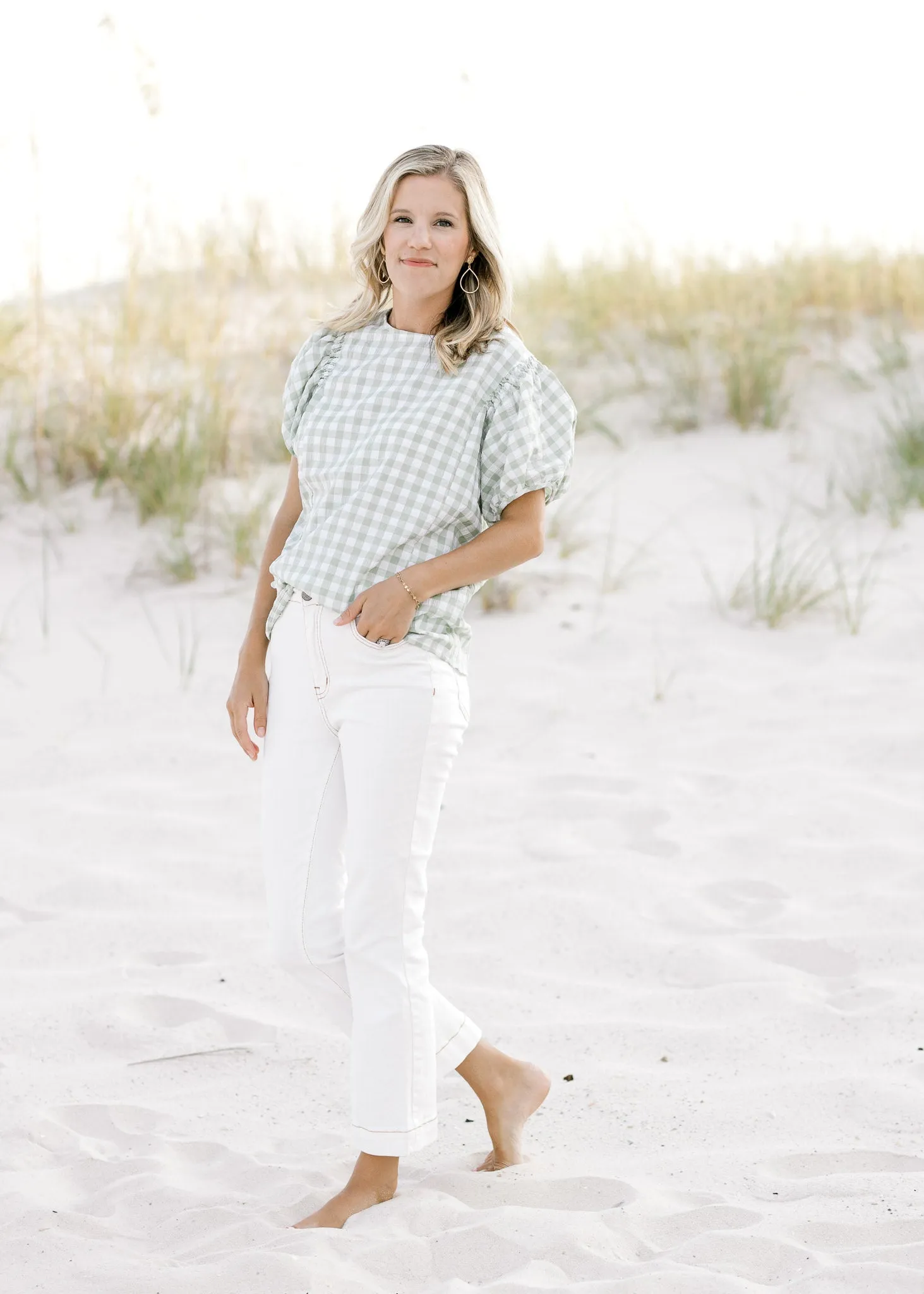 X So Sage Plaid Smocked Top