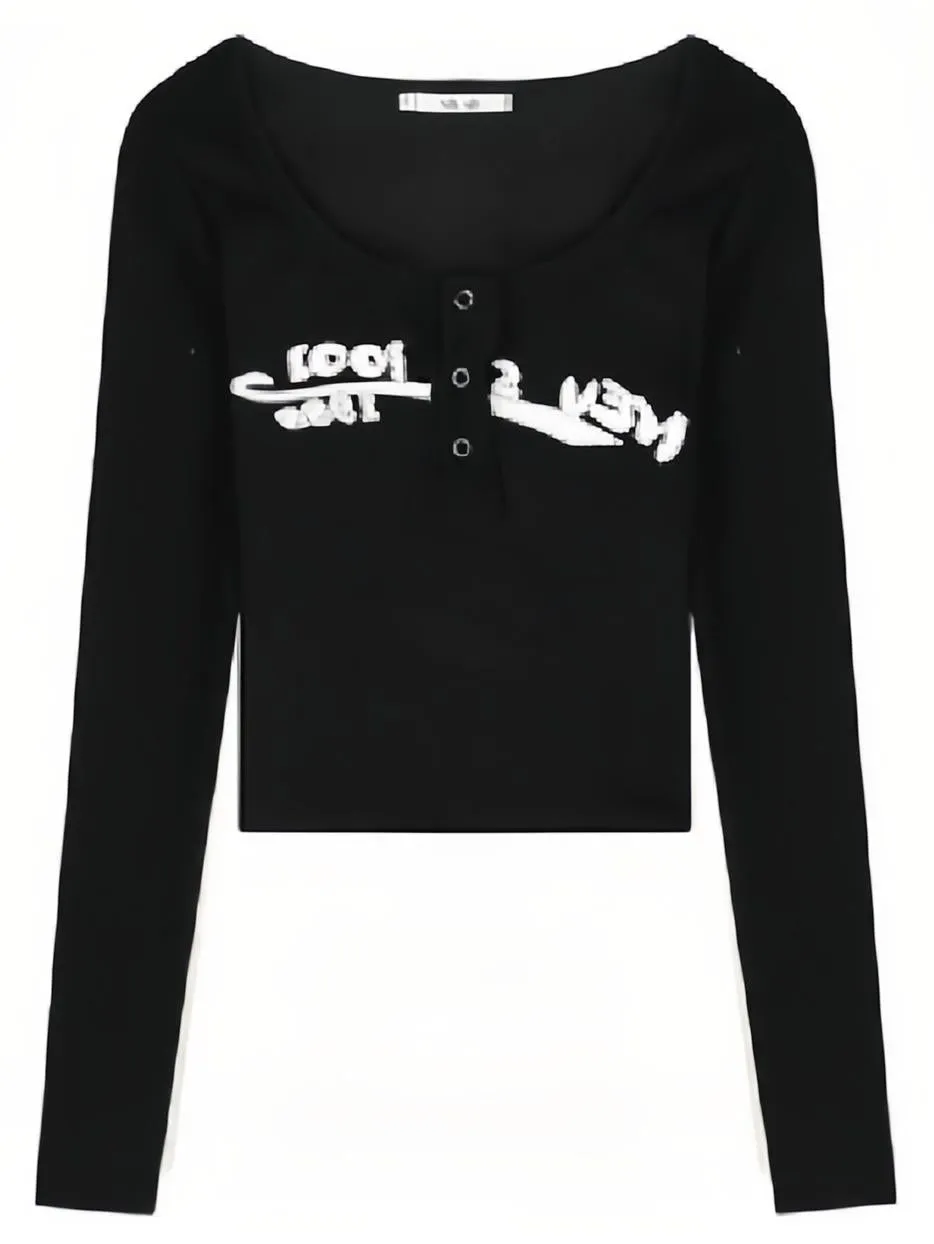 Y2K Schwarzes Langarm Rib Crop Top mit Buchstaben Print