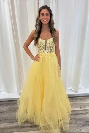 Yellow Tulle A-line V-neck Backless Lace Appliques Long Prom Dresses, MP950