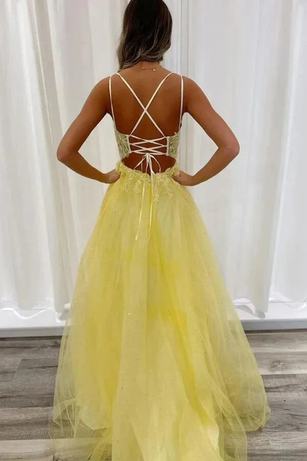 Yellow Tulle A-line V-neck Backless Lace Appliques Long Prom Dresses, MP950