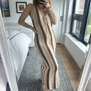 ZARA Sleeveless Rustic Striped Stretch Knit Midi Dress Brown Tan Size Small